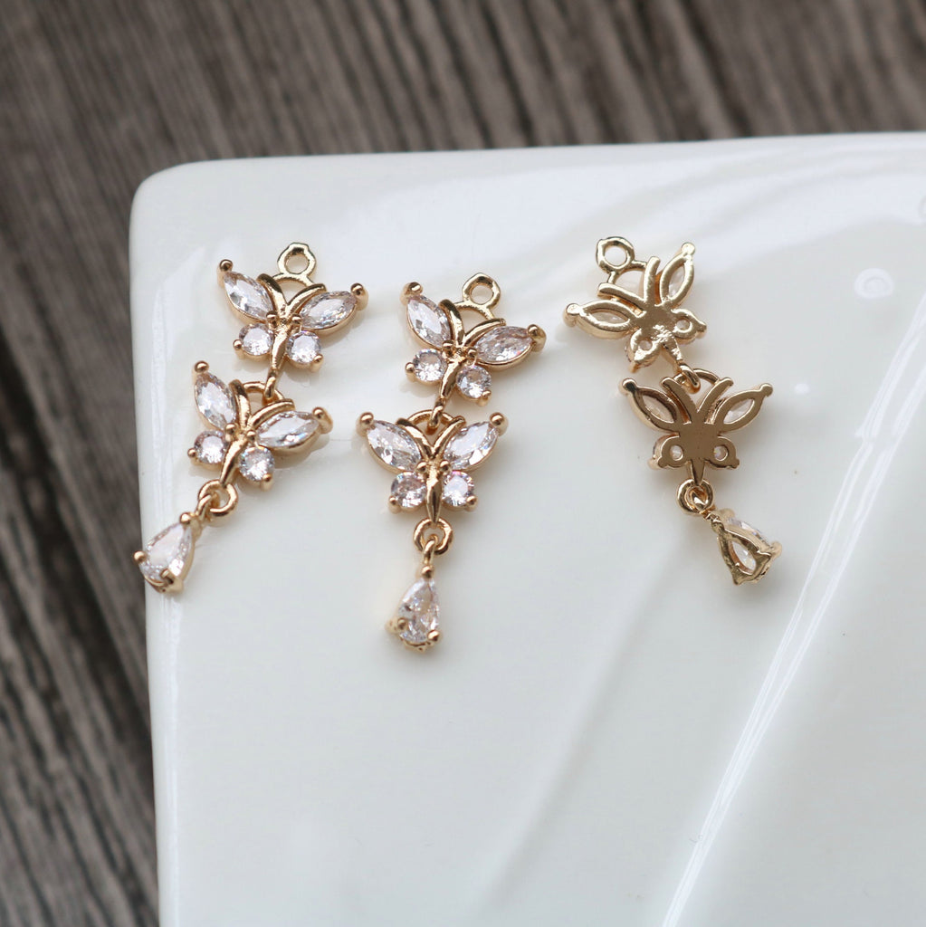 CZ Pave Butterfly Charm, Cubic Zircon Crystal Butterfly Pendant, Bracelet Necklace Pendant, Gold Plated, Jewelry Findings HL113-F206