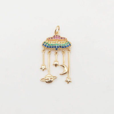 Rainbow Pave CZ Cloud Charm, Star Moon Planet Pendant, 28mm, 18K Gold Plated, Necklace Making Charm, Jewelry Findings S20366