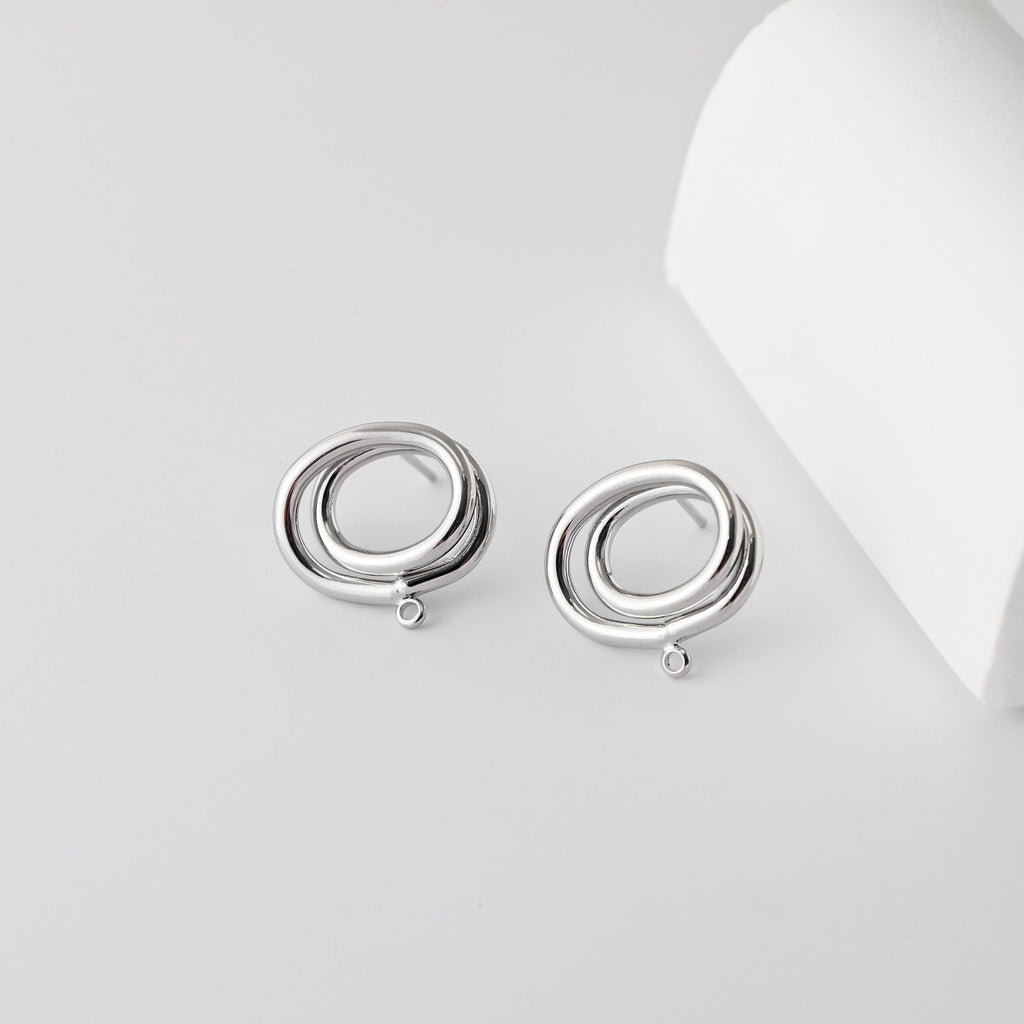 Oval Earrings Post With Loop, 18K Gold Plated, Nickel Free, S925 Silver Pin, Hollow Ear Stud Hypoallergenic Earring Findings D0362