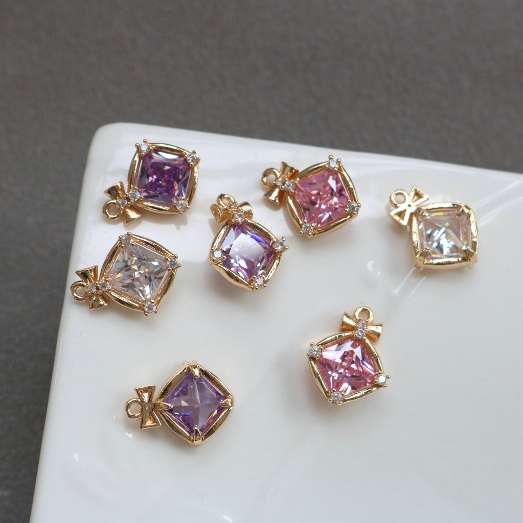 10 piezas de dijes de cristal de diamante con forma de lazo, chapados en oro de 14 quilates, 13,5 x 18 mm, accesorios de joyería HL063-F144