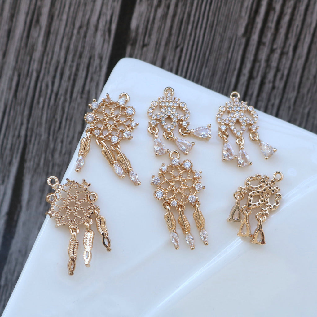 10pcs Dream Net Charm, Cubic Zircon Bow Pendant, Drop CZ Earring Charms,  Real Gold Plated Brass Earring Charms, Jewelry Findings HL097-F022