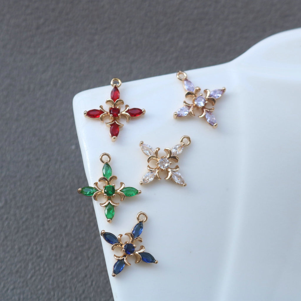 10pcs Cross Flower Charm, Cubic Zircon Crystal Flower Pendant, Real Gold Plated Brass Earring Charms, Jewelry Findings HL089-F116