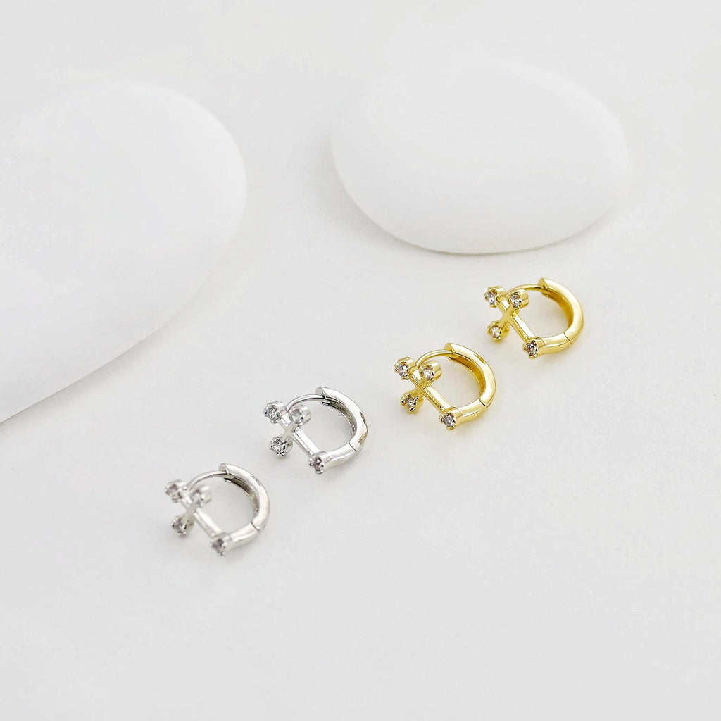 Cross Ear Hoops Pave CZ, Round Hoops, 13mm, 18K Gold Plated Leverback Earrings, Huggie Hoops Earring D0552