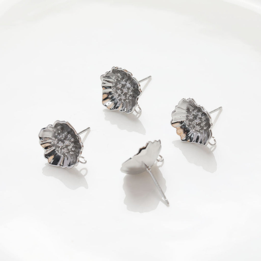 Cubic Flower Earring Post with Loops, S925 Silver Pin Nickel Free Earrings, CZ Pave Ear Stud Loop, Hypoallergenic Earring Findings BB045