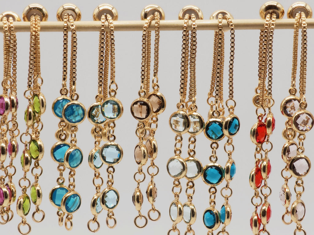 Adjustable Bracelet Making Chain, 20 Colors, 18K Gold Plated, CZ Pave Half Finished Slide Box Chain with Rubber Stopper Beads S20346