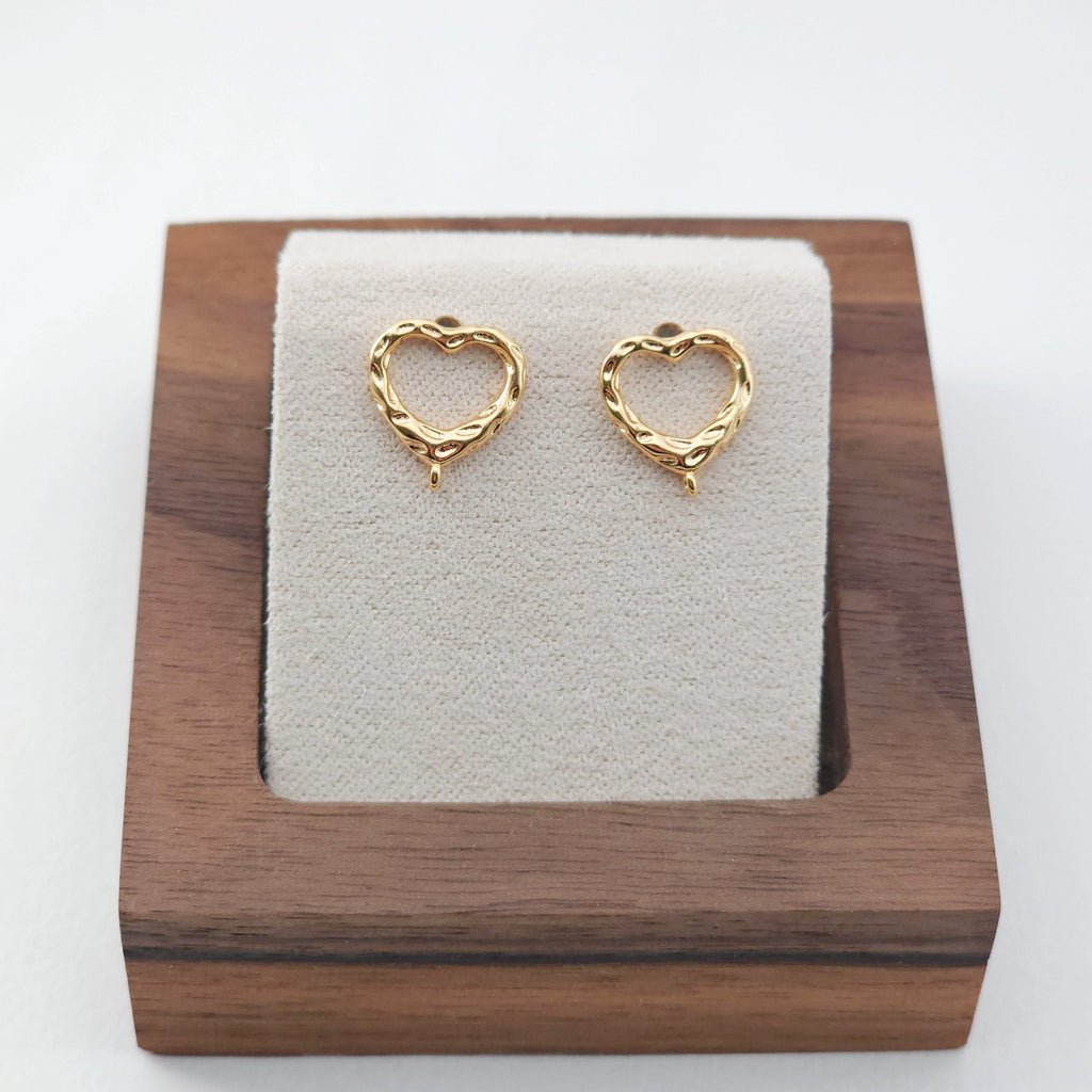 Gold Polished love heart CZ Earring Post,  14K Gold Nickel Free Earrings, S925 Silver Ear Pins, 11mm, Heart Shape Ear Stud with Loop ZX172