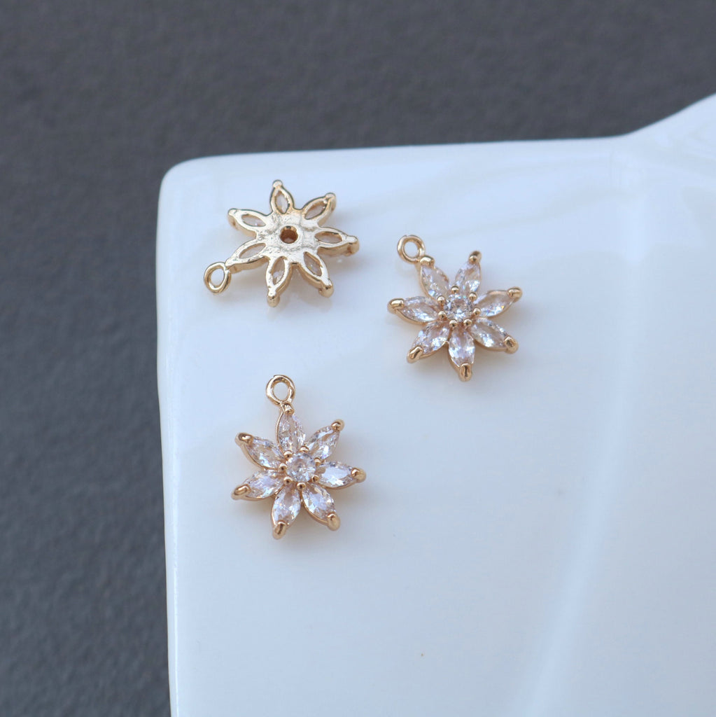 CZ Flower Charm, Cubic Zircon Crystal Flower Pendant, CZ Earring Charms,  Real Gold Plated Brass Earring Charms, Jewelry Findings HL020-F163