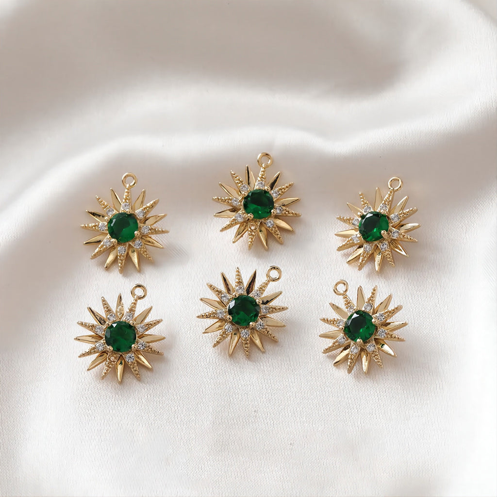 Danity Sun Shape Pendant, 14K Gold Plated, Crystal Charms, 15x17mm Jewelry Findings JH034