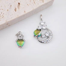 Load image into Gallery viewer, Dainty Planet and Moon Charm, CZ Pave Pendant, Green Gemstone, 18K White Gold Plated, Necklace Pendant Findings S20286