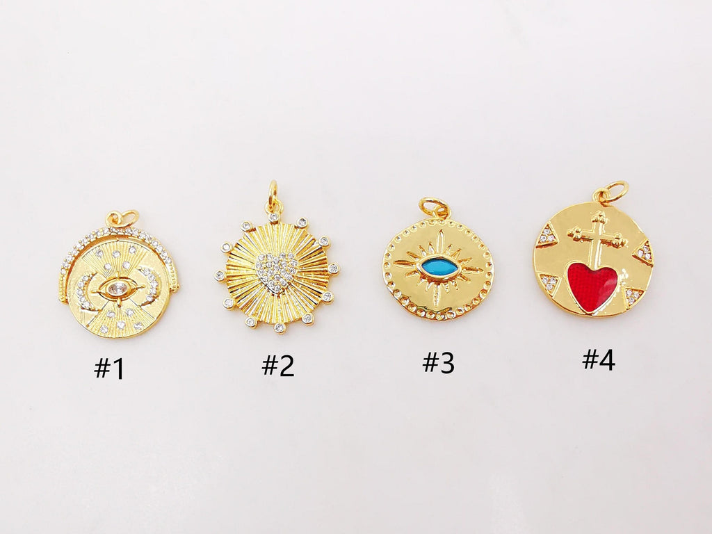 Evil Eye Charm, Coin Pendant, Heart Cross Charm, 18K Gold Plated CZ Pave Eye Pendant, Necklace Making Charm, Jewelry Findings S997