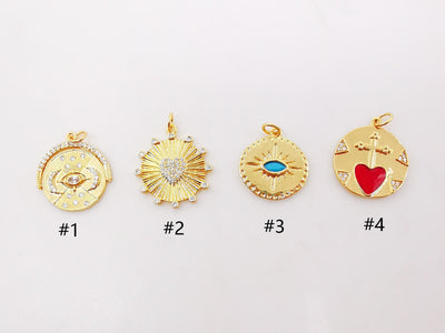 Evil Eye Charm, Coin Pendant, Heart Cross Charm, 18K Gold Plated CZ Pave Eye Pendant, Necklace Making Charm, Jewelry Findings S997