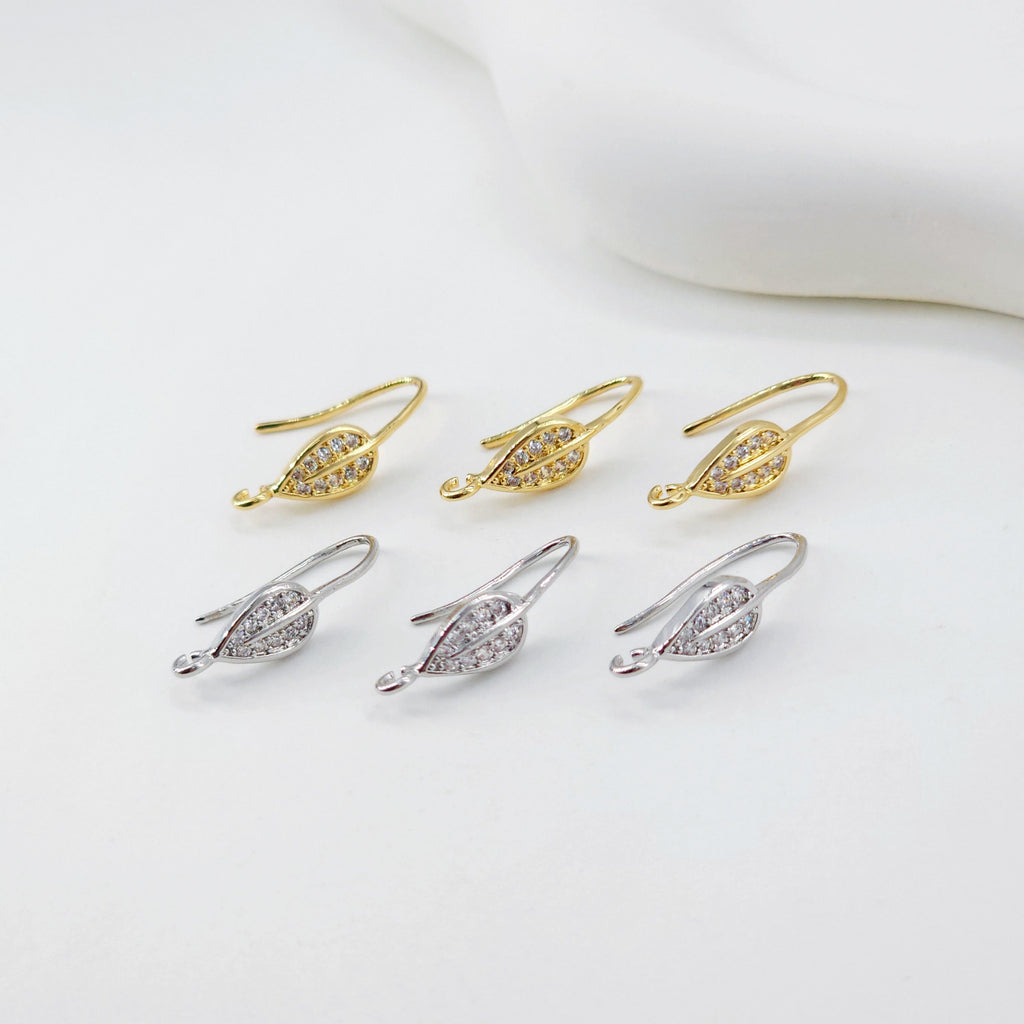 18K Gold Plated Ear Wires, Learf Cubic Pave Earring Hooks, Nickel Free, Fish Hooks, Ear Wires for Jewelry Making D0132