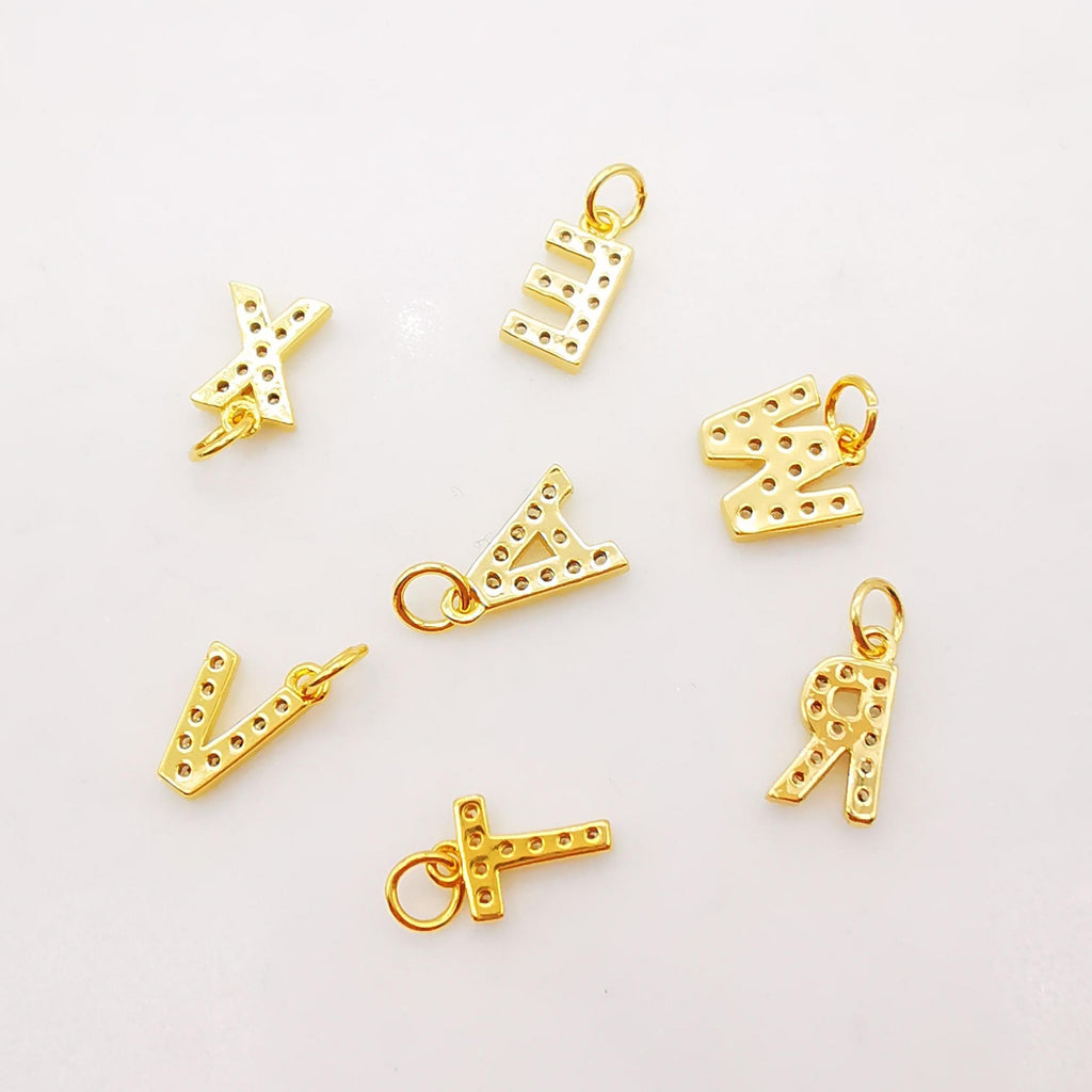 Dainty Cubic Alphabet Letter Charm, 18K Gold Plated CZ Micro Pave Initial Pendant, 8mm, Necklace Bracelet Earring Making S904