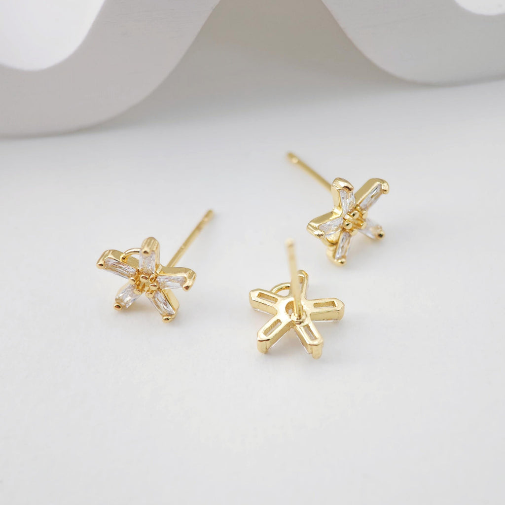18K Gold Post, Flower CZ Pave, 9*9.3mm, Stud Earring Nickel Free, Hypoallergenic Earring Findings D0242