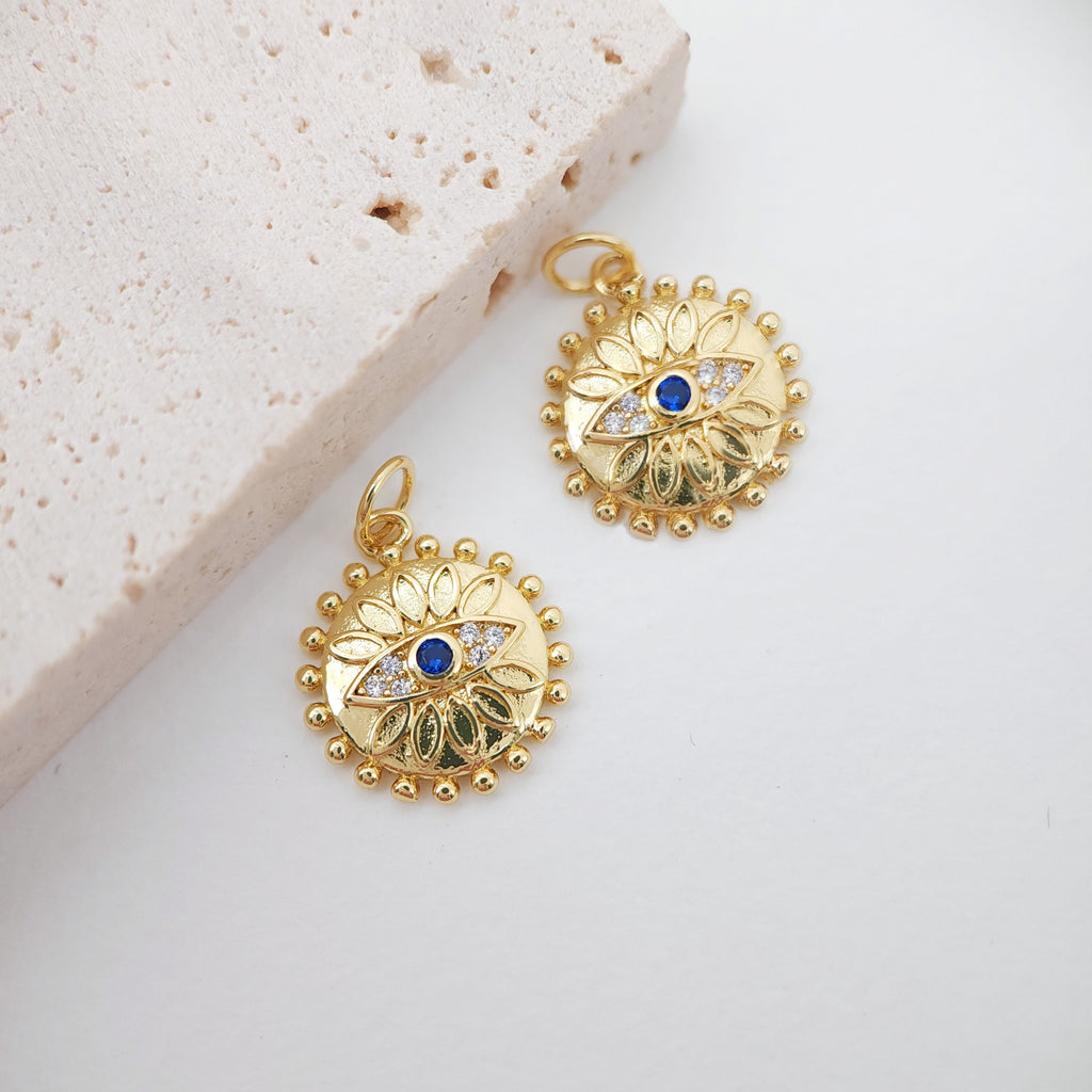 Cubic Evil Eye Round Charm, 18K Gold Plated Micro CZ Pave Eye Collection Pendant Necklace Making Charm, Jewelry Findings S20222