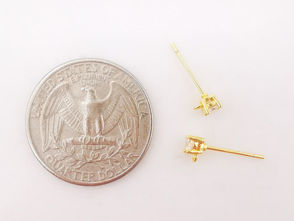 10PCS Tiny Ear Post with Loops, Nickel Free, Micro CZ Pave, 4mm, 18K Gold Plated Stud Earring Finding S268
