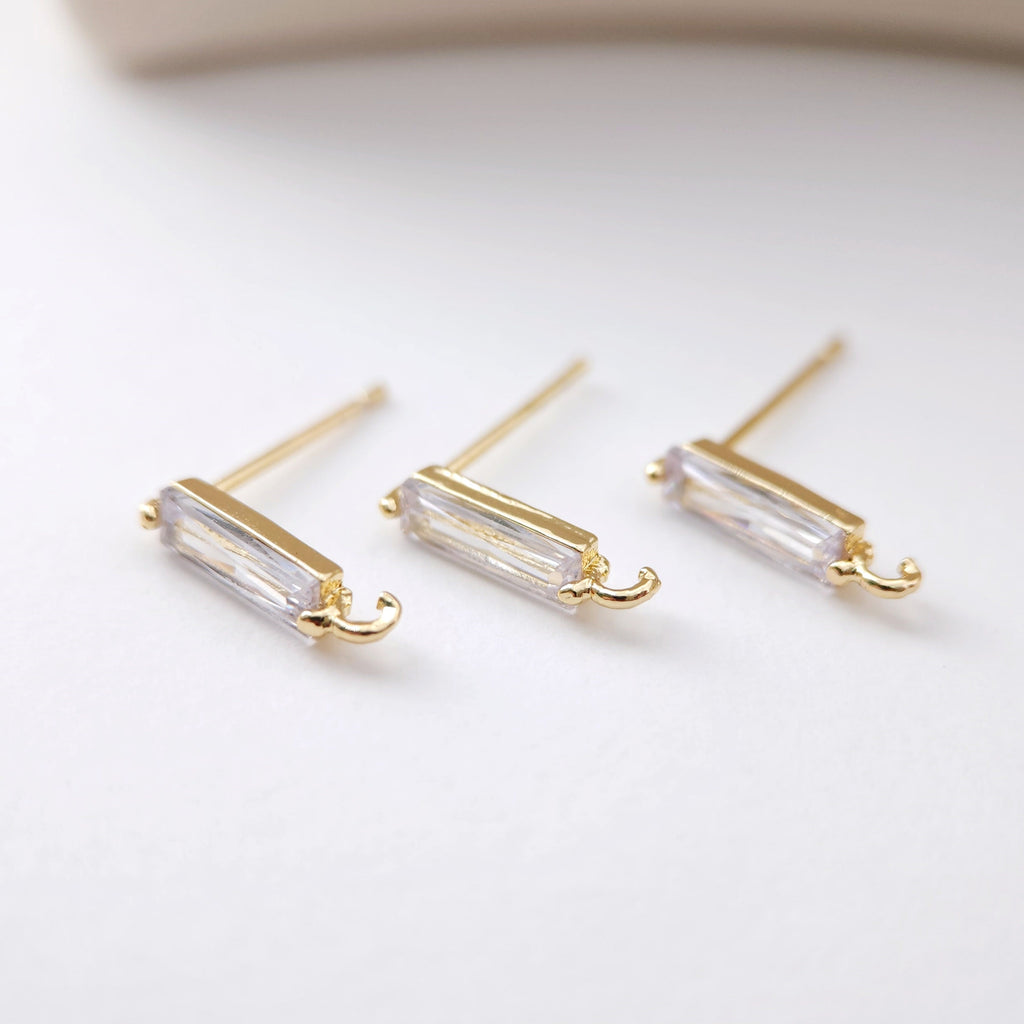 4pcs Rectangular CZ Earring Post With Loop, S925 Silver Pin Nickel Free Post, 18K gold Plated, Hypoallergenic Earring Findings D0083