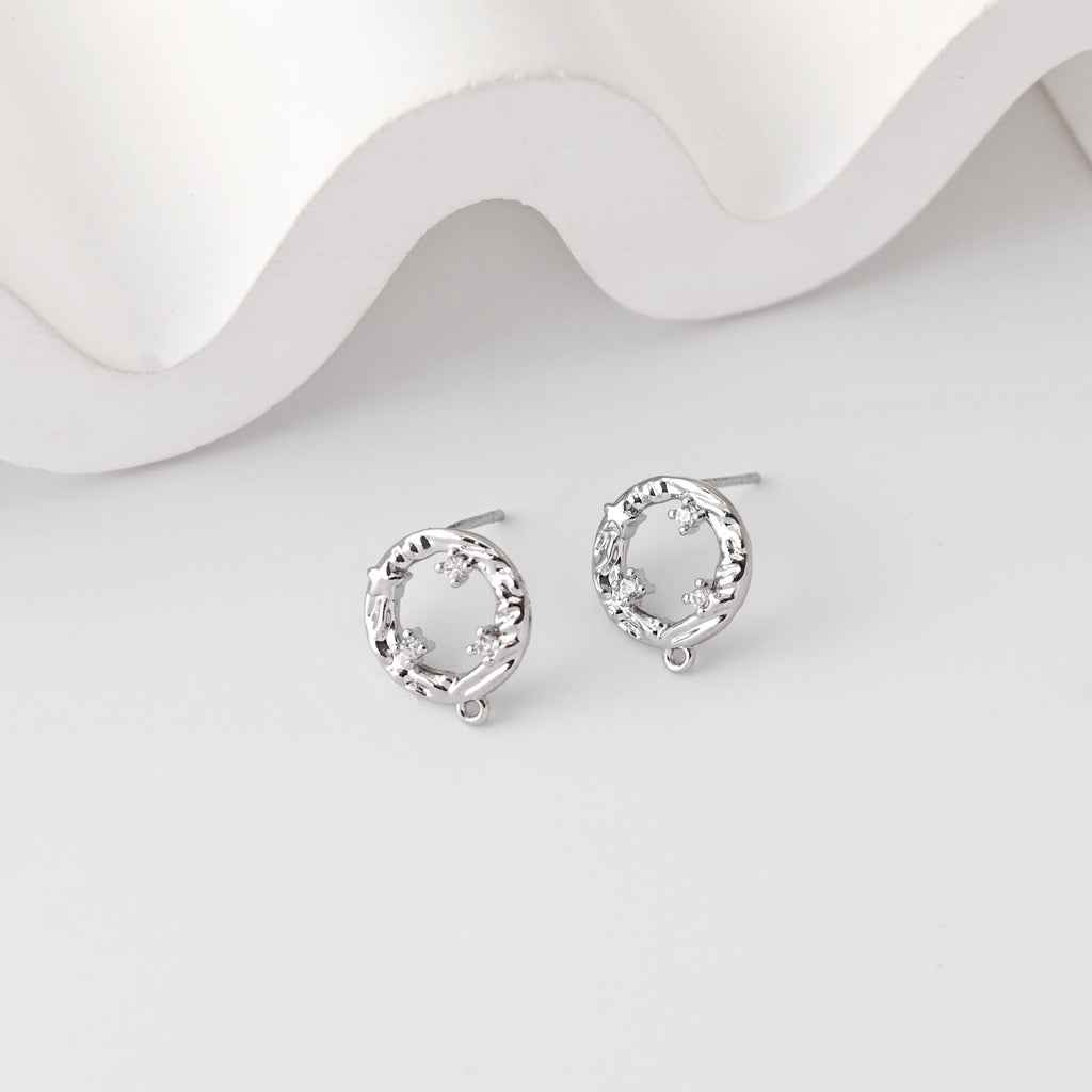 Round Earrings Post With Loop, CZ Pave, 18K Gold Plated, Nickel Free, S925 Silver Pin, Ear Stud Hypoallergenic Earring Findings D0402