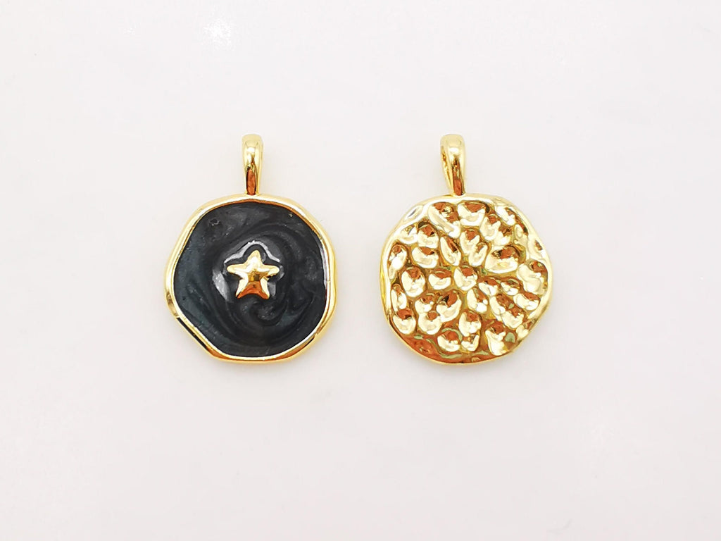 Multicolor Enamel Round Coin Charm, 18K Gold Plated Star/Heart/Moon/Wing/Light, 14mm, Necklace Bracelet Making Pendant, S910
