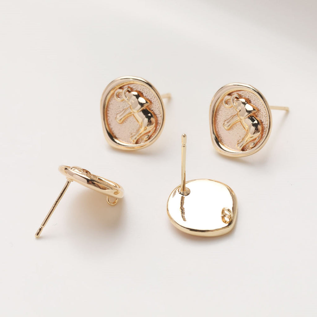 Stamped Elephant Stud Earrings with Loops, Animal Stud Earring Nickel Free, 13.5mm, Hypoallergenic Earring Findings JG007