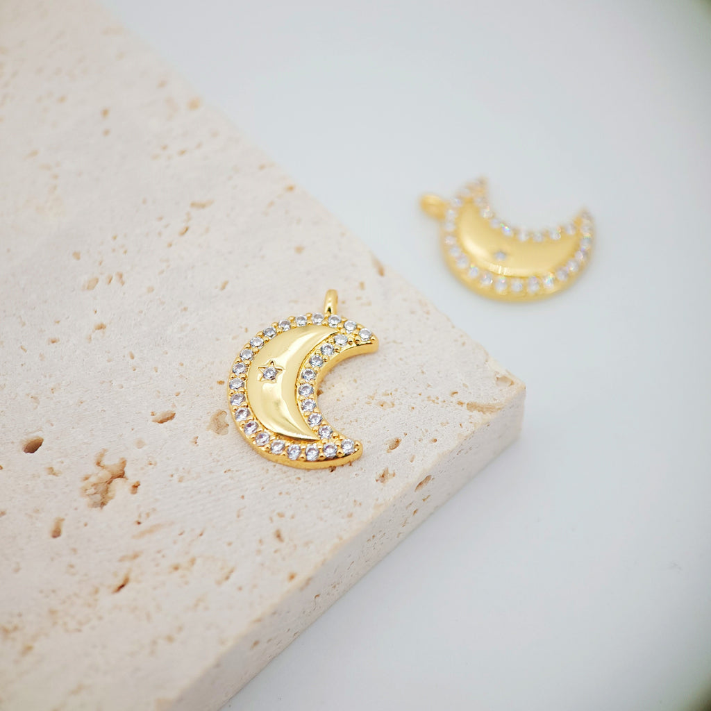 Cubic Crescent Moon Charm, 18K Gold Plated Moon Pendant, Clear Micro CZ Pave Horn Charms, 20x14mm, Jewelry Findings S116