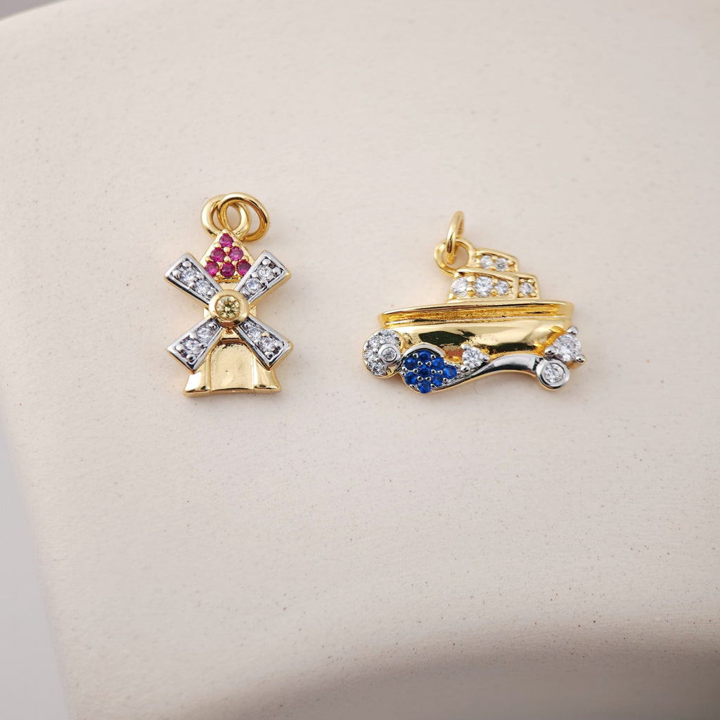 Dutch Windmills Pendant, Yacht Pendant, 18K Gold, CZ Pave Charm, Earring Necklace Making Finding S1117