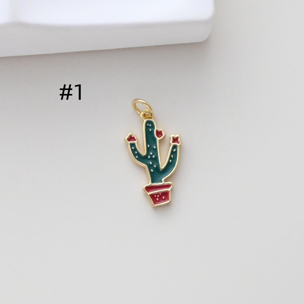 Enamel Cactus Pendant, 18K Gold Plated Charm, Dainty Jewelry Making Pendant S1309