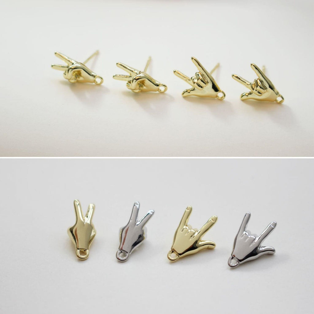 14K Gold Gesture Earring Post With Loop, Rock 'n' Roll, Yeah, S925 Silver Ear Pin Nickel Free, Hypoallergenic Earring Findings BB083