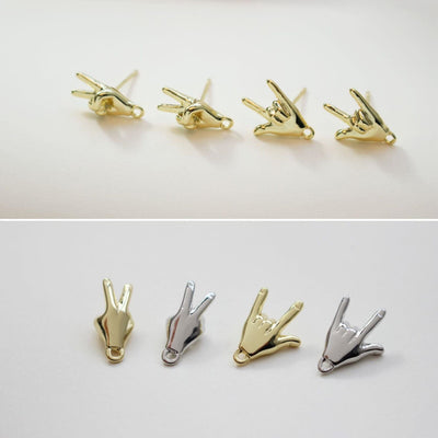 14K Gold Gesture Earring Post With Loop, Rock 'n' Roll, Yeah, S925 Silver Ear Pin Nickel Free, Hypoallergenic Earring Findings BB083