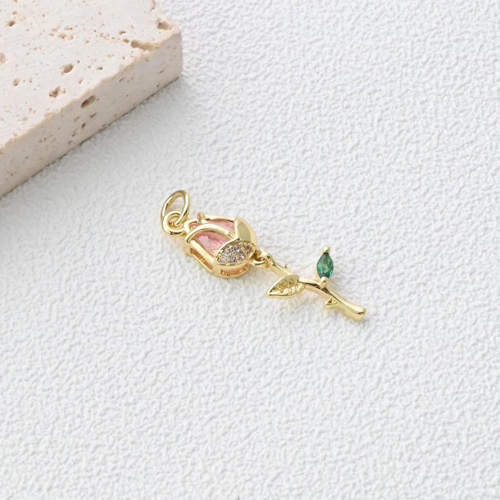 Rose Flower Charms, Tulip Charms, CZ Pave, 18K Gold Plated Flower Pendant, For Necklace And Earrings Making, Jewelry Findings S1348