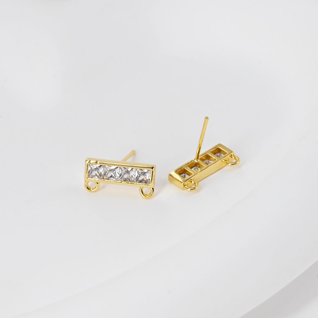 Rectangular CZ Earring Post With 2 Loops, S925 Silver Pin Nickel Free Post, 18K gold Plated, Hypoallergenic Earring Findings D0391
