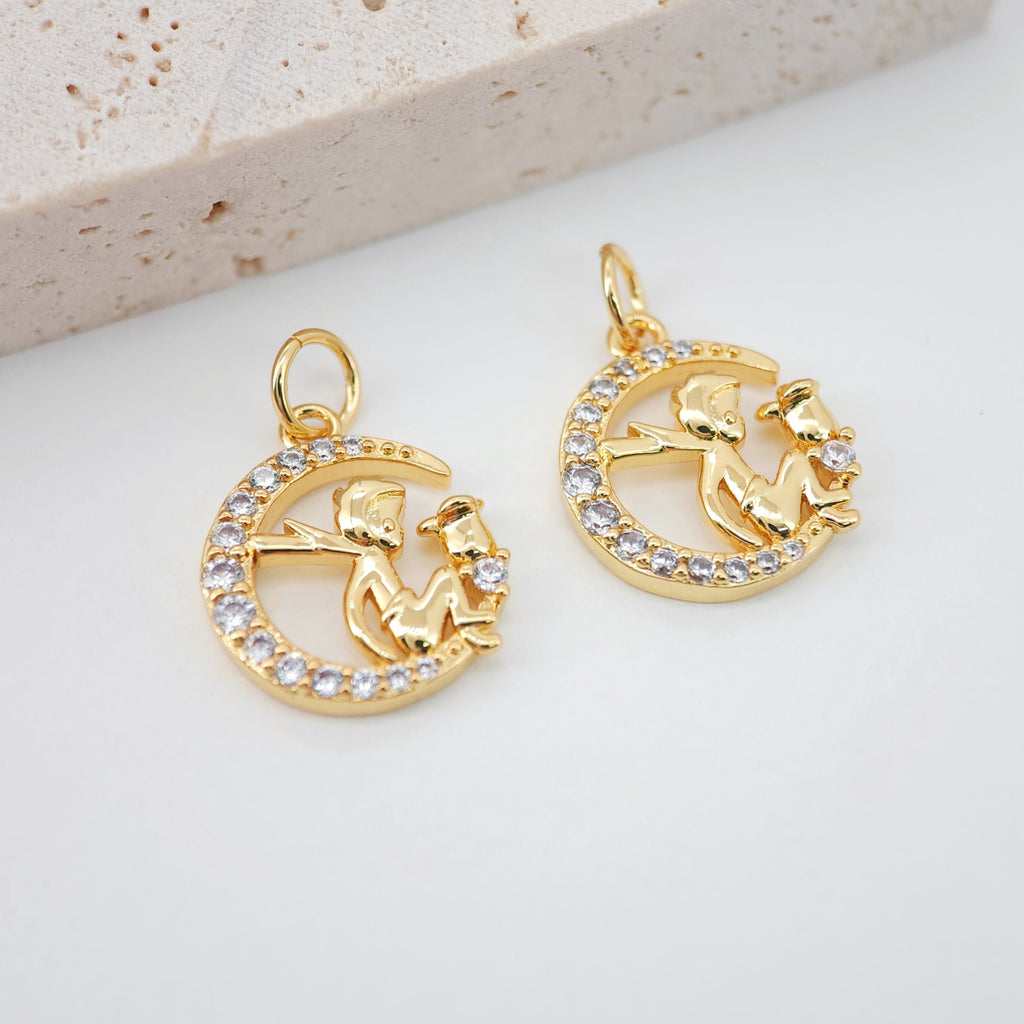 Bunny & Moon Charm, 18K Gold Plated Pendant, CZ Pave Animal Charm, 16.3*13.6mm, Necklace Jewelry Finding S20651