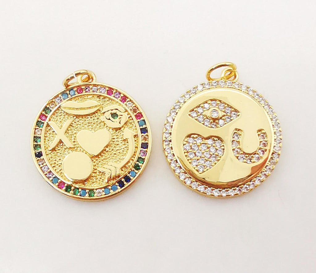 Love Charms, Round CZ Pave Charm, 18K Gold Plated Cubic Zirconia Eye Pendant, 19mm, Necklace Making Pendants, Jewelry Findings S1087