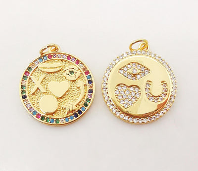 Love Charms, Round CZ Pave Charm, 18K Gold Plated Cubic Zirconia Eye Pendant, 19mm, Necklace Making Pendants, Jewelry Findings S1087