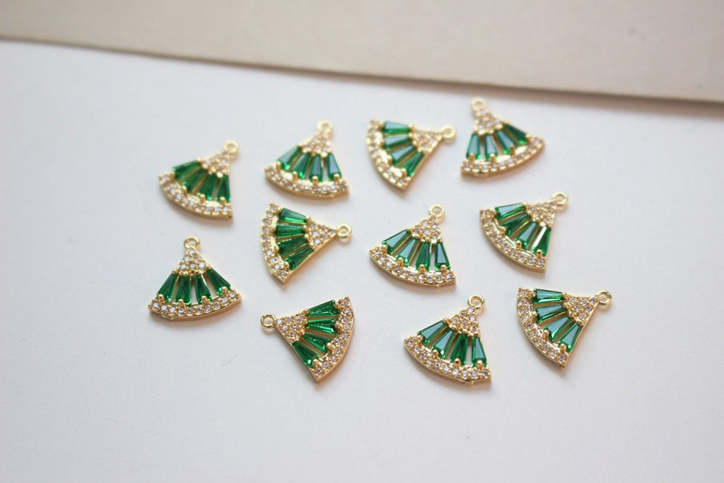 CZ Pave Fan Shape Charm, Cubic Zircon Crystal Fan Connector, CZ Earring Charms, Gold Plated  Earring Charms, Jewelry Findings BB030-F031