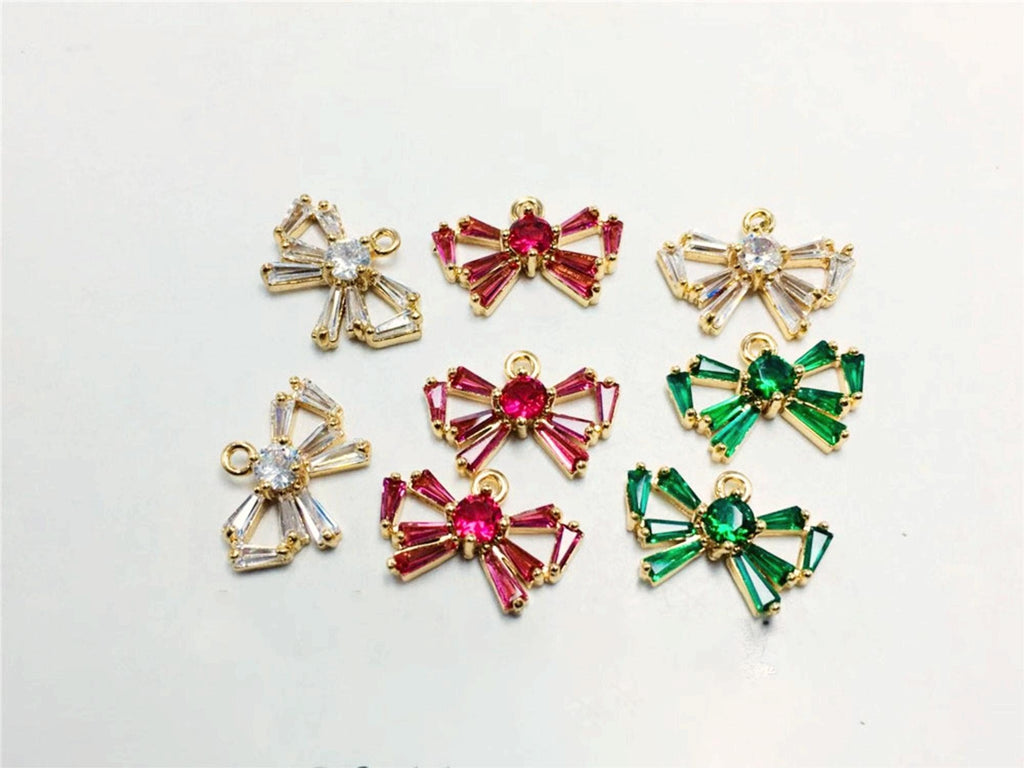 Cubic Bow Charm, 14K Gold Plated Bow Tile Pendant, Clear Micro CZ Pave Bowtie Charm, 18x12mm, Jewelry Findings STG013-F168-F075