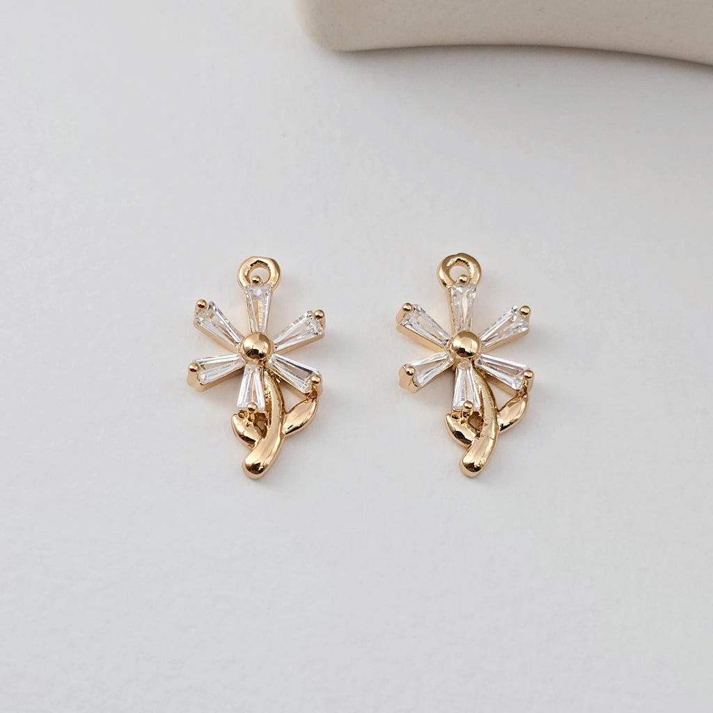 Flower Charm, Cubic Zircon Crystal Flower Pendant, CZ Earring Charms,  Real Gold Plated Brass Earring Charms, Jewelry Findings D0302