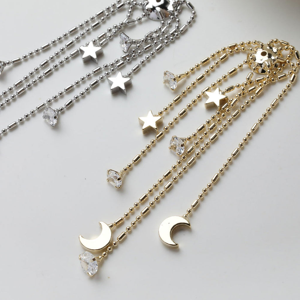 Star and Moon Tassel Pendant with Cap, 14K Gold Plated Earring Chain Pendant, Earring Findings GZ753