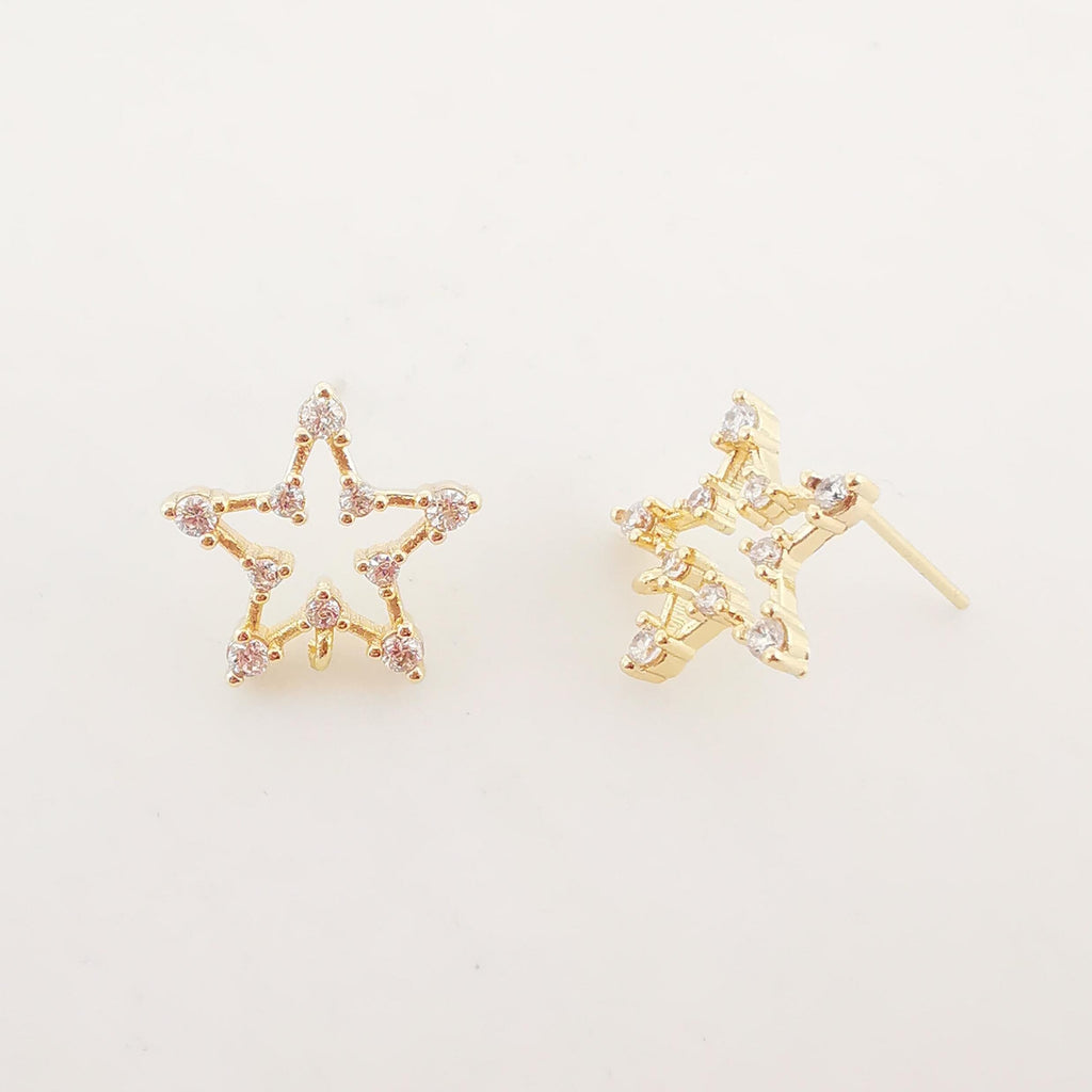 4PCS Pentagram Star Ear Post with Loops, S925 Silver Ear Pin, Nickel Free, CZ Pave, 15mm, 18K Gold Plated Stud Earring Finding ZX032