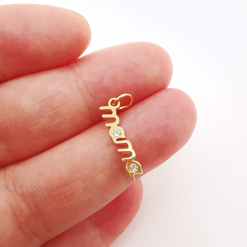 2 dijes delicados de mamá de 17 x 3 mm, dijes de oro de 18 quilates con pavé cúbico para collares, pulseras y pendientes, accesorios para hacer joyas para el Día de la Madre S019