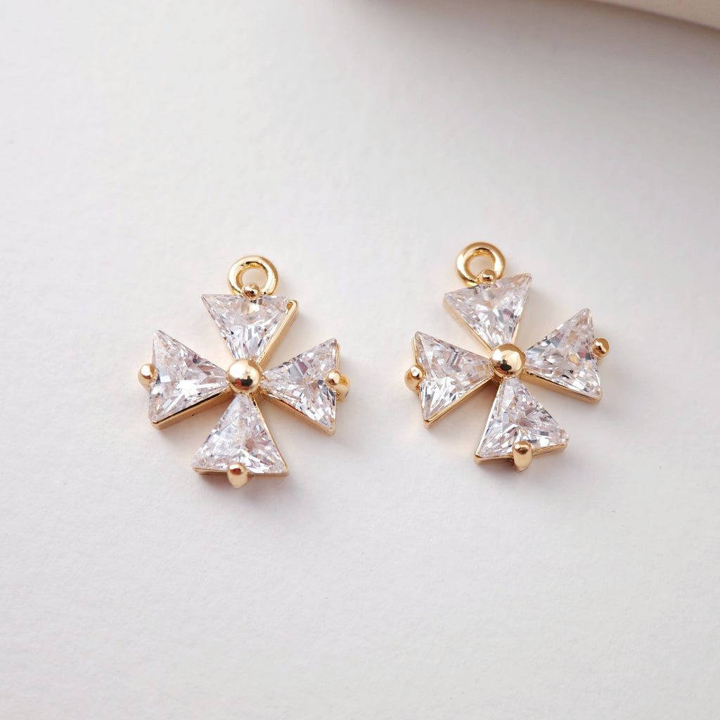 CZ Pave Flower Charm, Cubic Pendant, Earring Connectors, Real Gold Plated Brass Earring Charms, Jewelry Findings D0075
