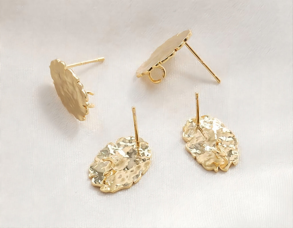 Hammered Ear Post With Loop, Oval Shape, S925 Silver Ear Pin Nickel Free, Gold Ear Stud, Hypoallergenic Earring Findings G009-ZX7002