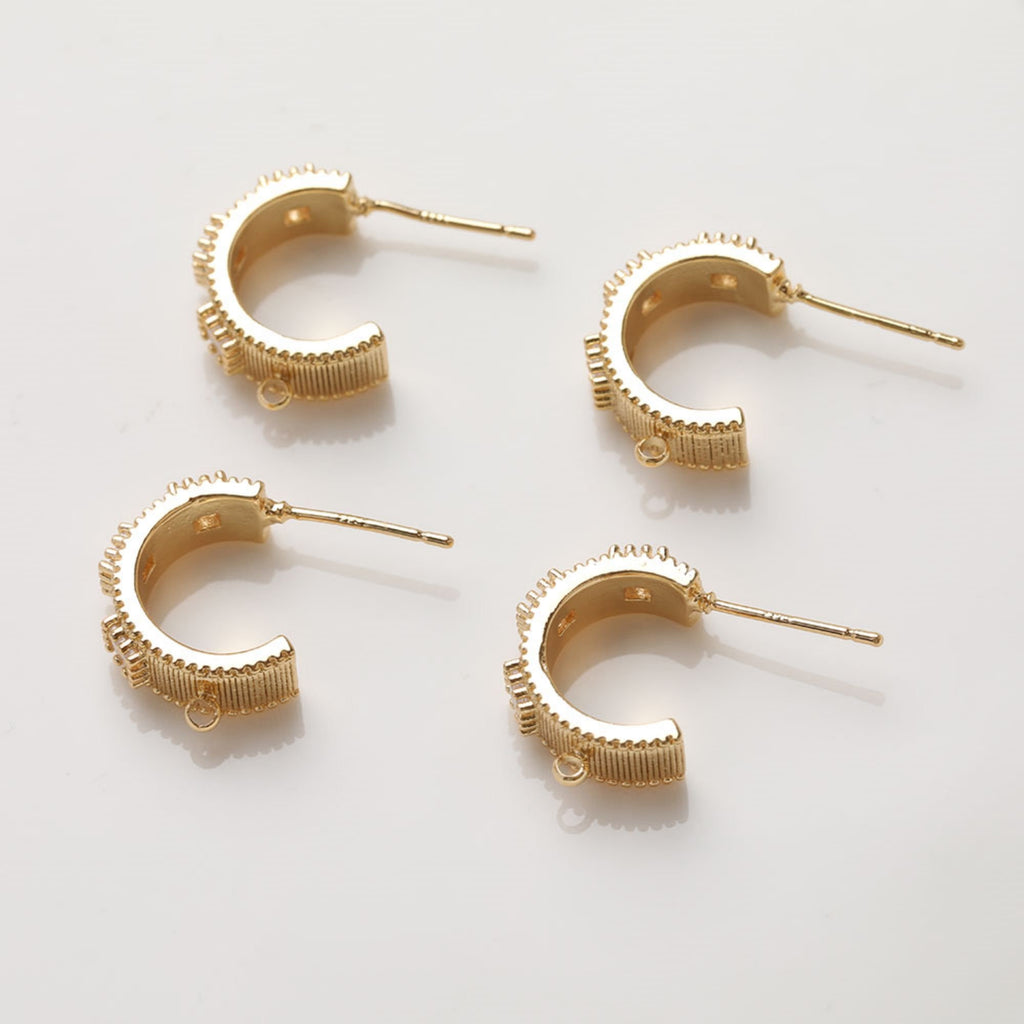 C Shape Earrings Post, 14K Gold/Silver Plated, CZ Pave, S925 Silver Ear Pin Nickel Free, Ear Stud Hypoallergenic Earring Findings GZ406