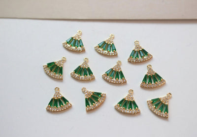 CZ Pave Fan Shape Charm, Cubic Zircon Crystal Fan Connector, CZ Earring Charms, Gold Plated  Earring Charms, Jewelry Findings BB030-F031