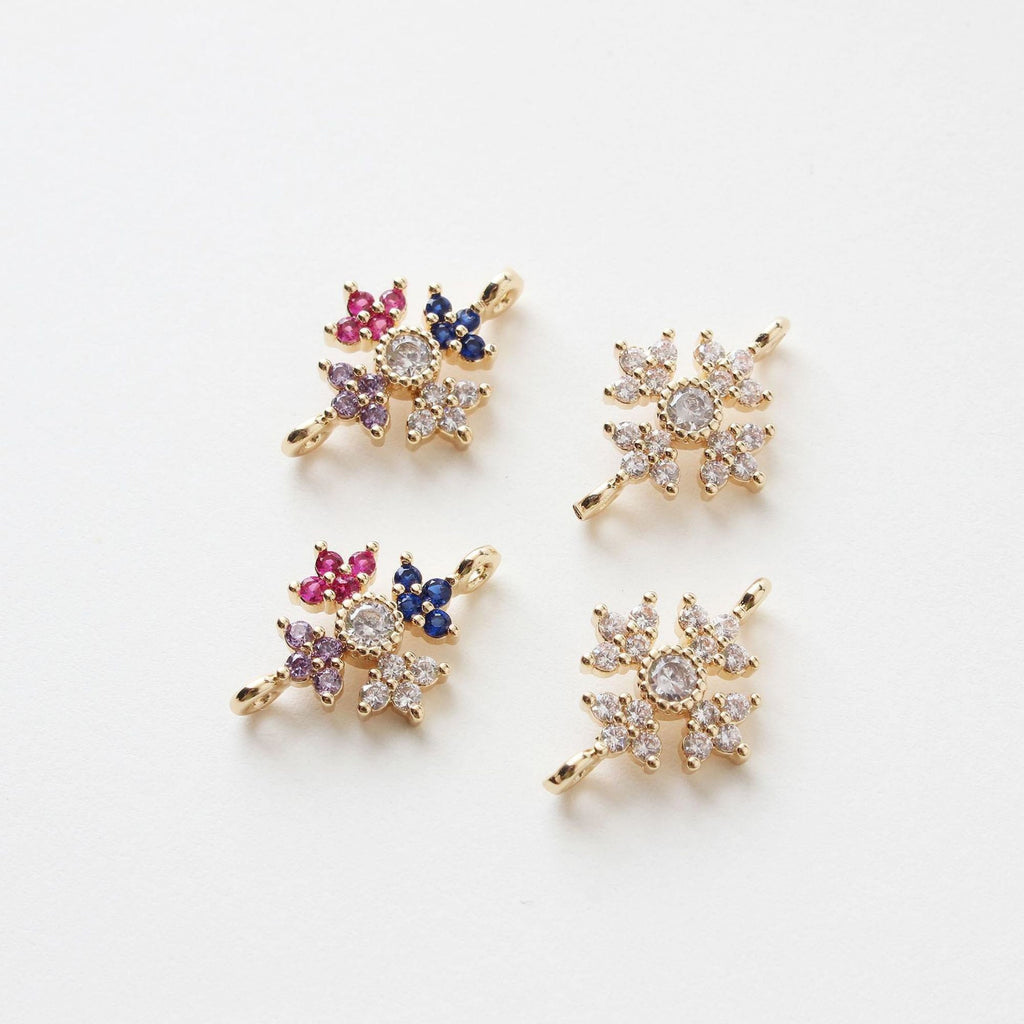 2pcs Flower Connector Charm with loops,  Clear/Rainbow Cubic Zirconia Pave Pendant for Bracelet Necklace Earring, Jewelry Finding BB052-F270
