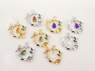 Dainty Floral Charm, CZ Pave Floral Pendant, Drop Crystal Multi Color, 18K Gold Plated, Necklace Pendant Findings S20277