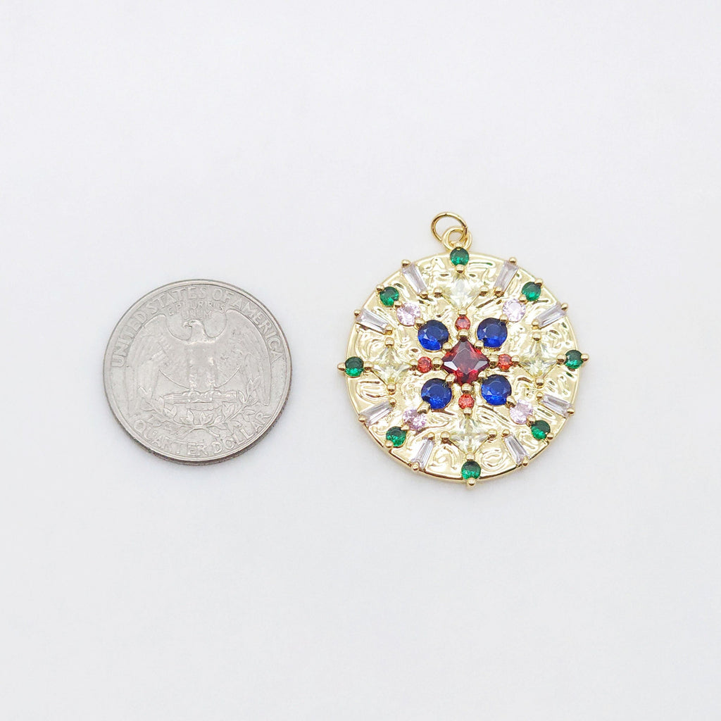 Multicolor Cubic Pave Round Charm, 18K Gold Plated Round Pendant, 35mm, Necklace Making Charm, Jewelry Findings S20568