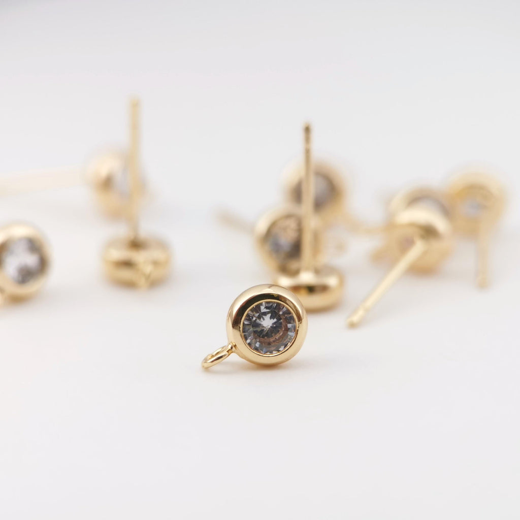 10PCS Tiny Ear Post with Loops, S925 Silver Ear Pin Nickel Free, Micro CZ Pave, 4mm/6mm, 14K Gold Plated Stud Earring Finding Z039