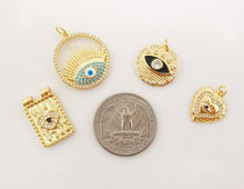 Load image into Gallery viewer, Evil Eye Charm, Coin Pendant, Heart Charm, 18K Gold Plated CZ Pave Eye Pendant, Necklace Making Charm, Jewelry Findings S1024