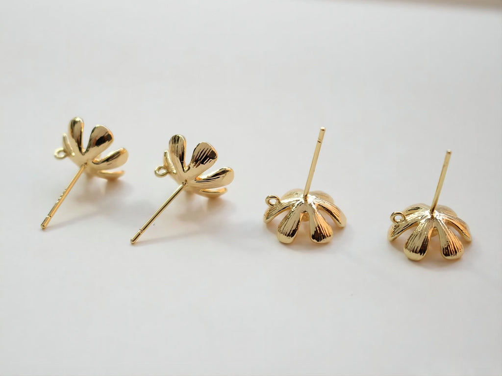 4PCS Flower Earring Post, 18K Real Gold Plated Brass Stud Earring With Loop, 12mm, S925 Silver Ear Pin, Nickel Free, Earring Finding G0018